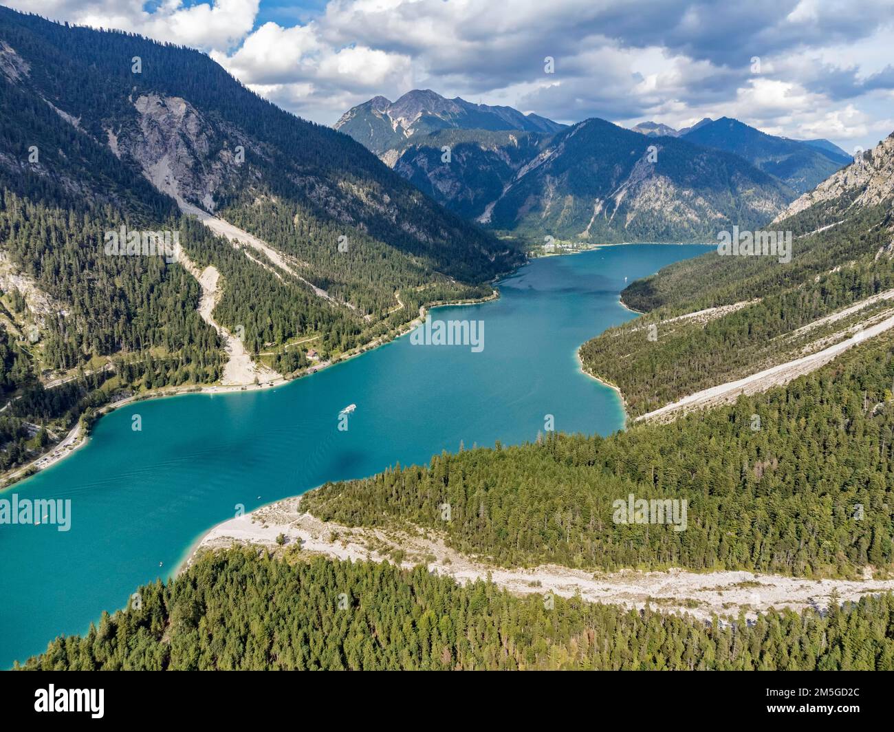 Aerial view of Plansee, Reutte, Ammergau Alps, Tyrol Austria, Plansee ...