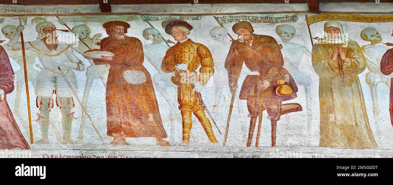The Church of San Vigilio in Pinzolo and its fresco paintings â€œDance of Deathâ€ painted by Simone Baschenis of Averaria in1539, Pinzolo, Trentino Stock Photo