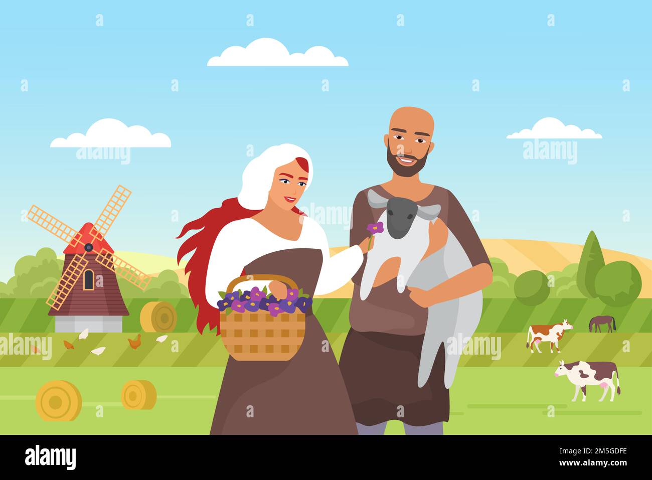 Medieval farmers and green farm field landscape vector illustration ...