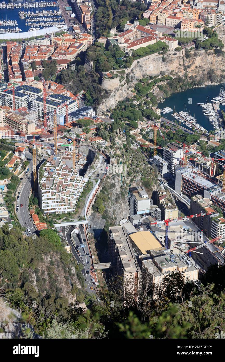 Access road Boulevard du Jardin Exotique to the Principality of Monaco, on the right hospital Princesse Grace, in the back Prince's Palace, seen from Stock Photo