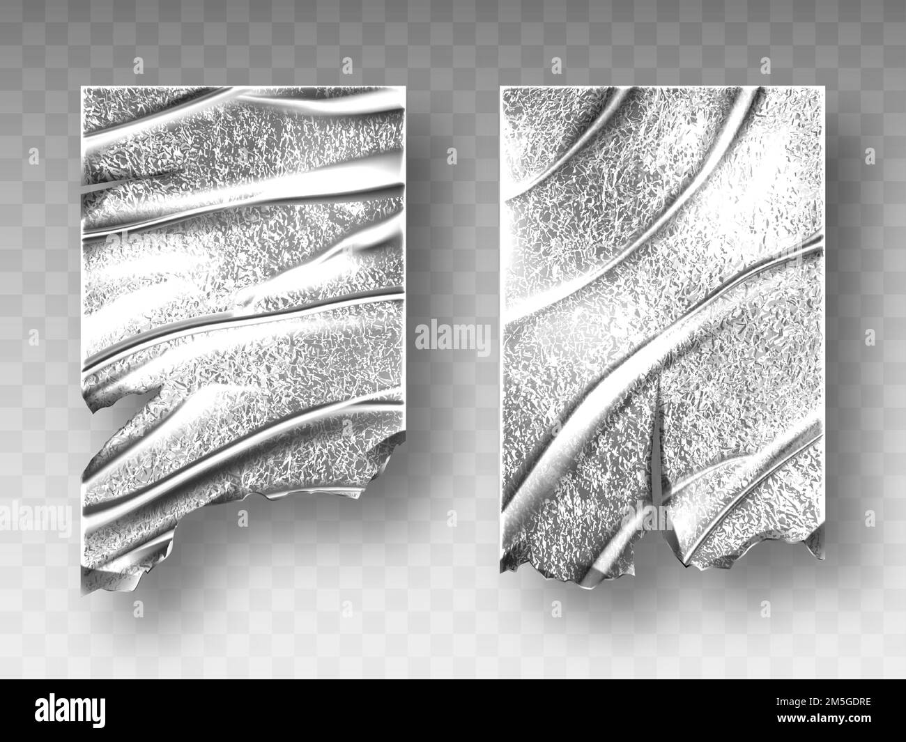 Silver foil, crumpled metal texture with ragged edge isolated on transparent background, aluminum or steel folded curtain, wrapping paper sheets, wrinkled shiny material, Realistic 3d vector tinfoil Stock Vector