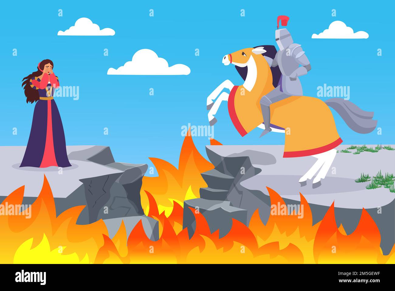Fairy tale of rescuing princess vector illustration. Cartoon horseman ...