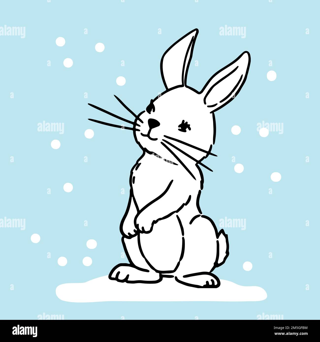 Vector illustration. Cute hand drawn bunny on snow Stock Vector