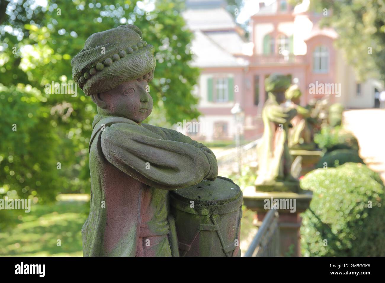 Figure boy with drum in the Bolongaro Garden, drummer, headscarf, oriental, Bolongaro Palace, Hoechst, Main, Frankfurt, Hesse, Germany Stock Photo