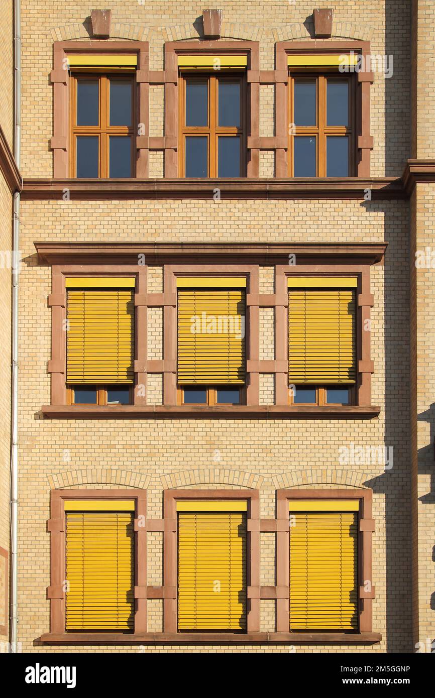 Yellow house wall with window, roller shutter, blind at the Robert Koch School, house wall, facade, yellow, monochrome, closed, open, Hoechst, Main Stock Photo