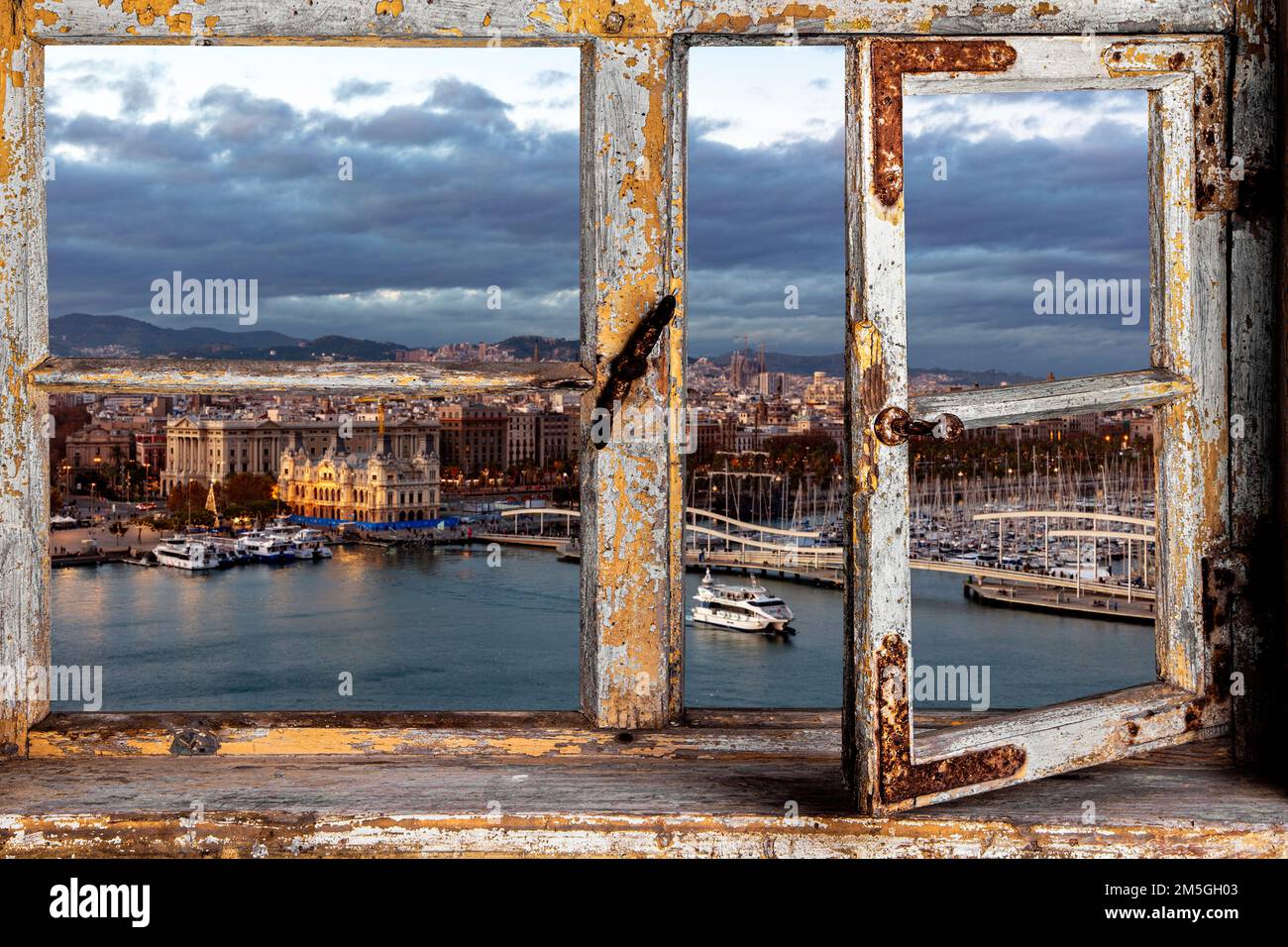 View from a wooden window on Barcelona Stock Photo