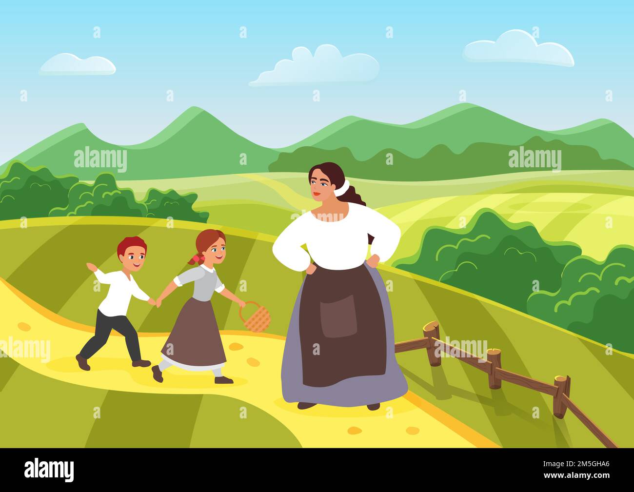 Beautiful happy peasant mother and children, medieval farmers family vector illustration. Cartoon woman villager character standing with son and daugh Stock Vector