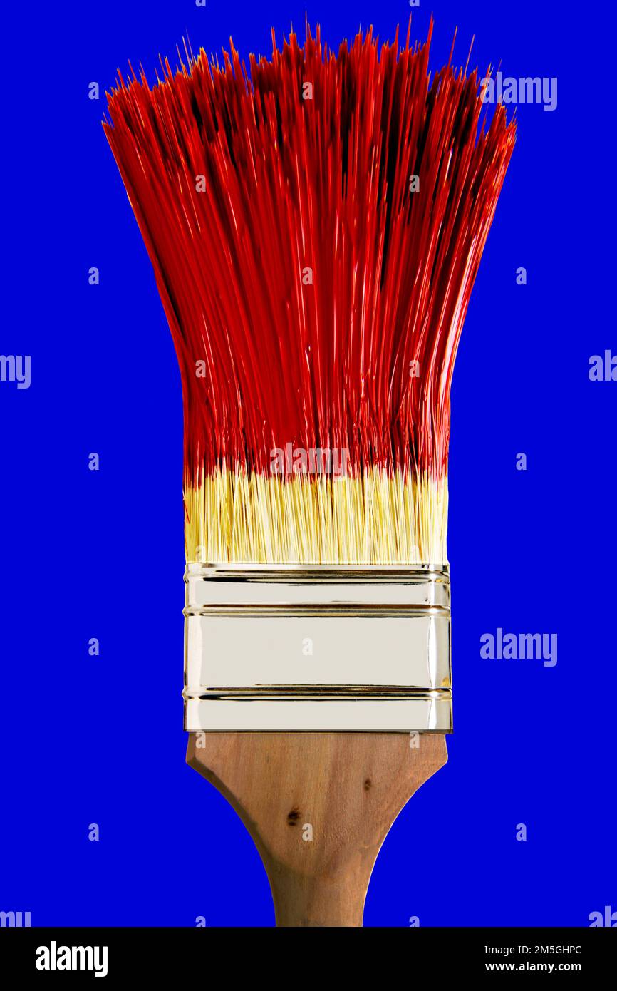 brush dipped in red color on blue background Stock Photo