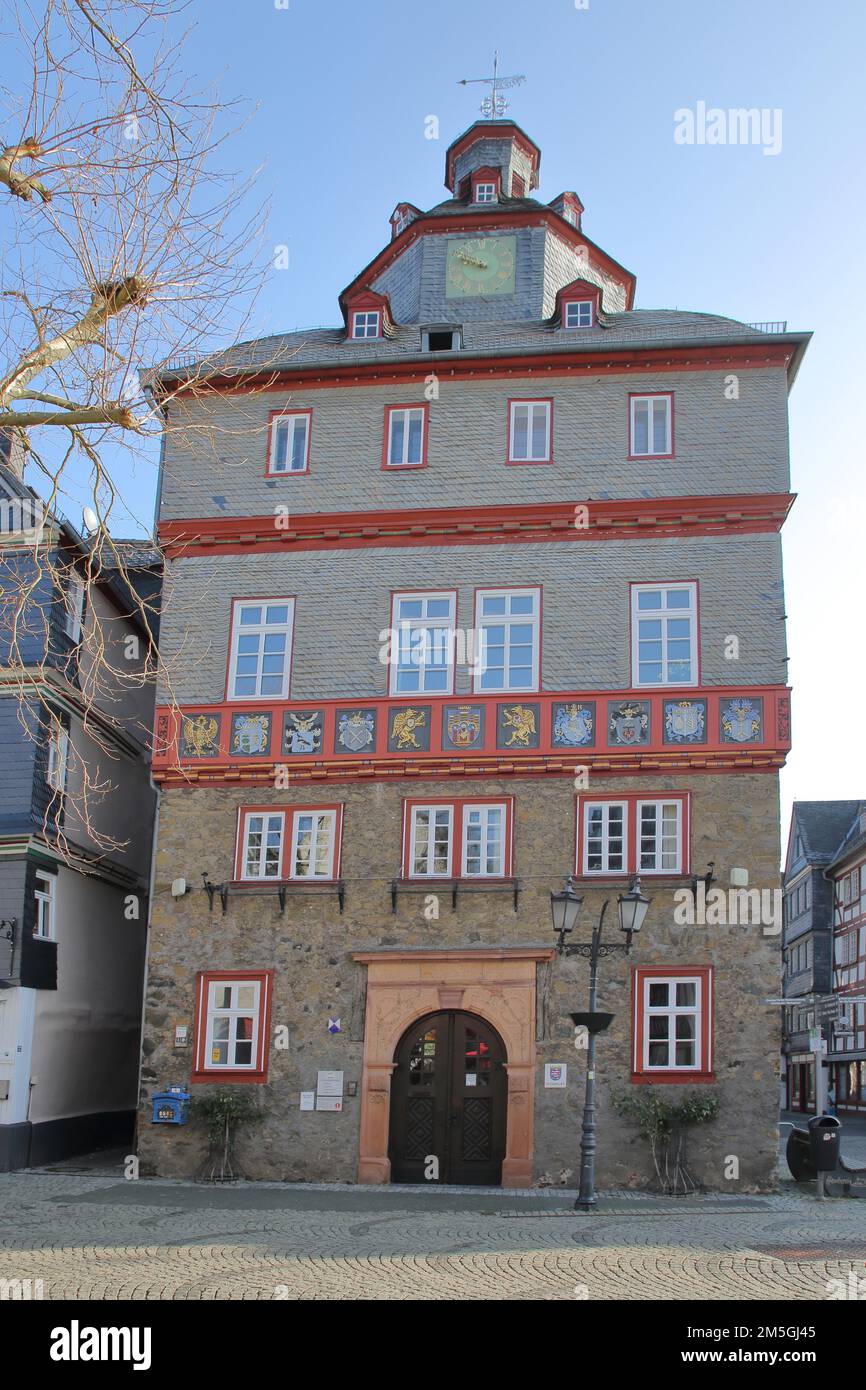 Historic town hall built 1590, market place, Herborn, Hesse, Germany Stock Photo