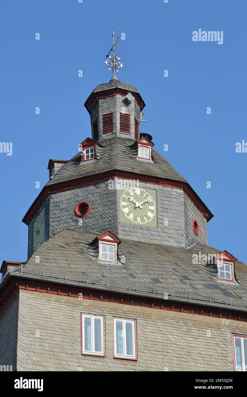 Tower with clock of the historic town hall built in 1590, Marktplatz, Herborn, Hesse, Germany Stock Photo