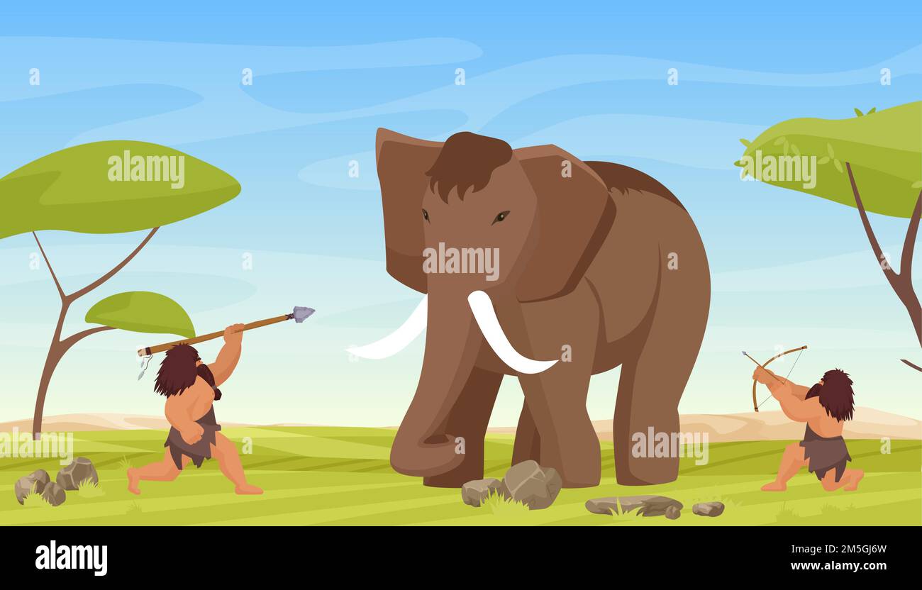Primitive caveman people hunt ancient woolly mammoth vector illustration. Cartoon primeval savage hunters, man characters hunting prehistoric wild ani Stock Vector