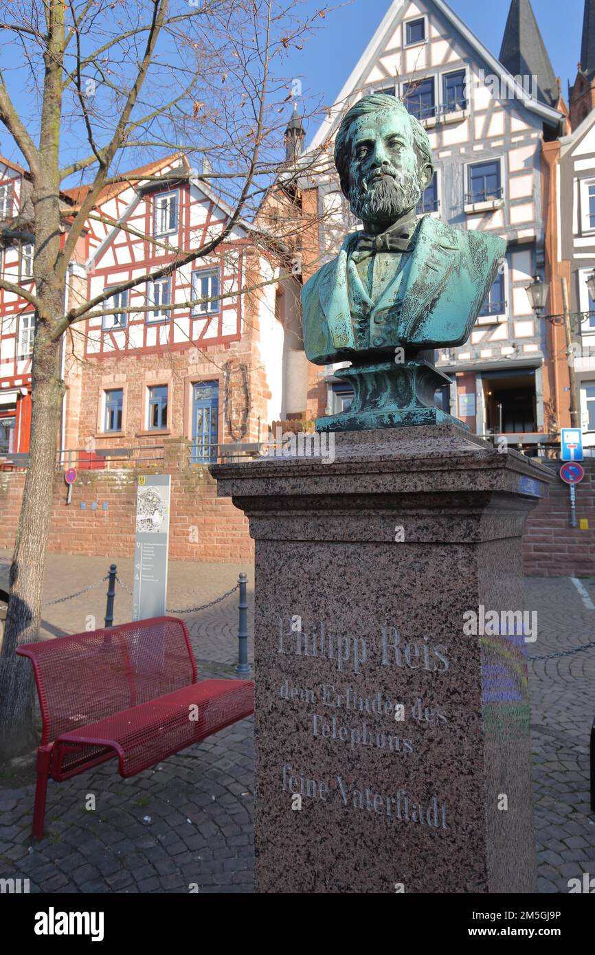 Philipp Reis Monument with bust, figure, statue, inscription, Untermarkt, Gelnhausen, Hesse, Germany Stock Photo