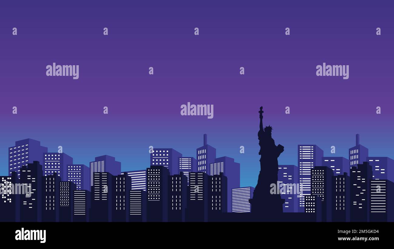 Silhouette of Liberty City statue with mall buildings around the city