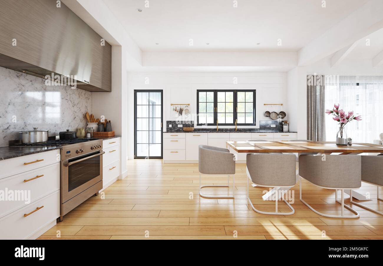 Modern Living room interior design, white kitchen, neutral color scheme. 3D concept rendering Stock Photo