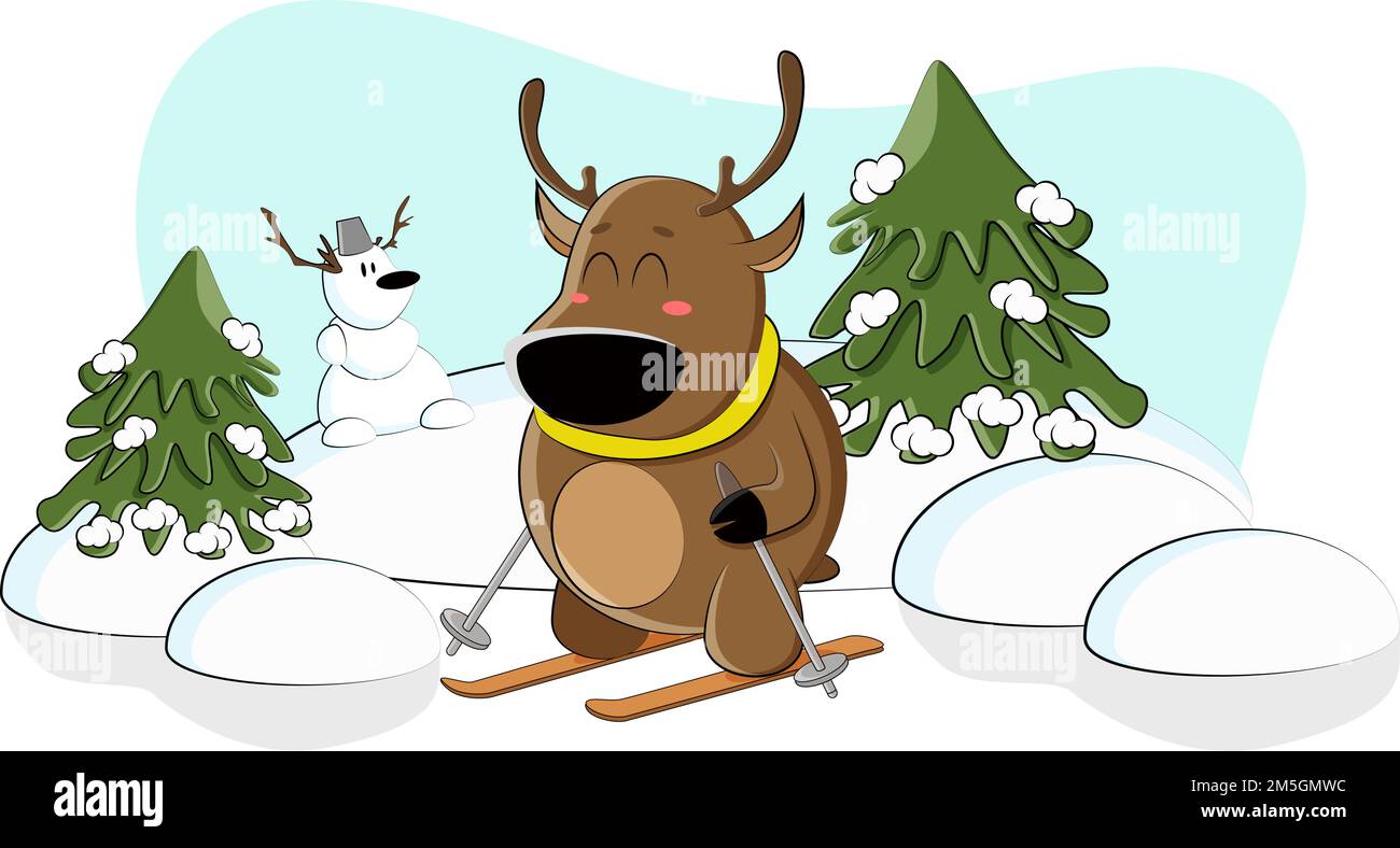 Cute deer skiing on a nice winter day Stock Vector
