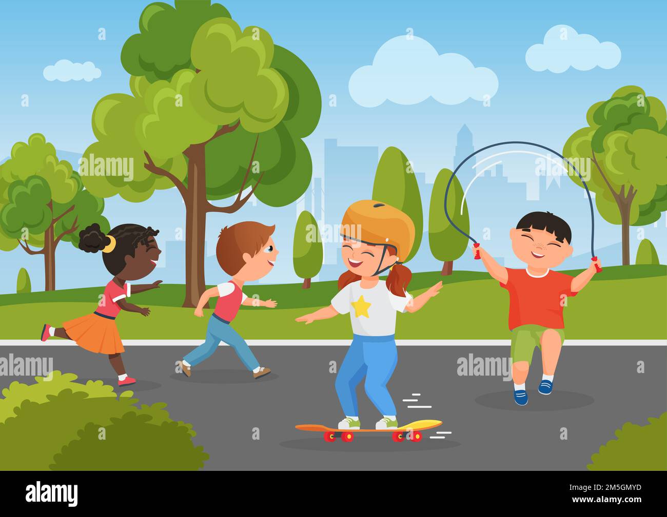 Children play in city park, healthy summer activity in nature vector illustration. Cartoon boy character playing jumping rope, girl child riding skate Stock Vector