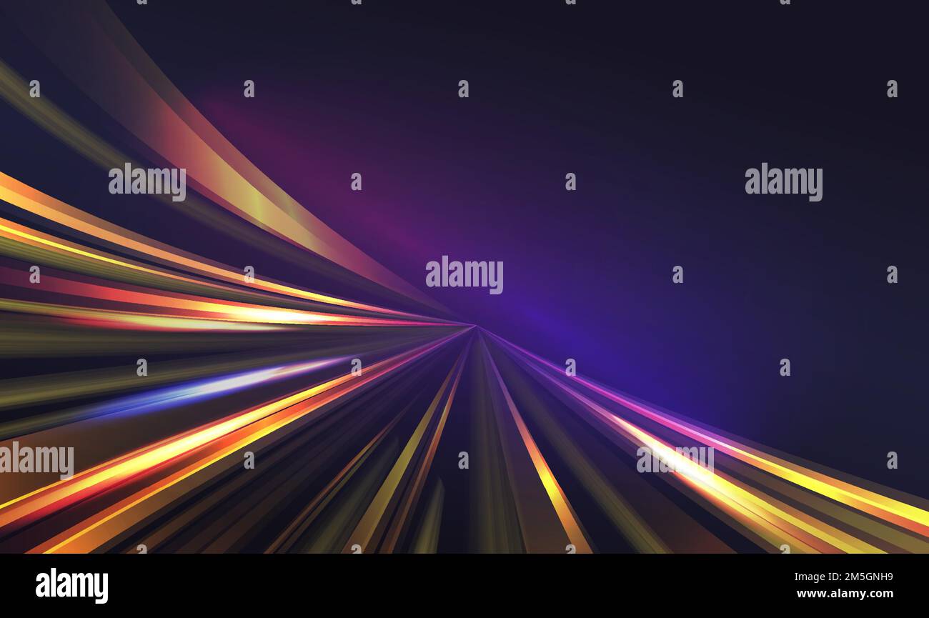 Light speed motion trail, blur streak effect vector illustration. Long exposure fast car transport lights on road city tunnel dark background, blurred Stock Vector