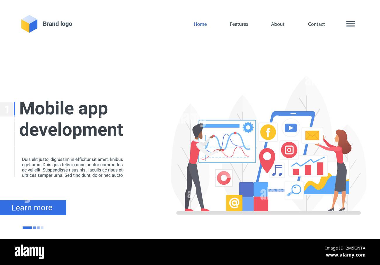 Mobile app development vector illustration. Cartoon developer designer ...