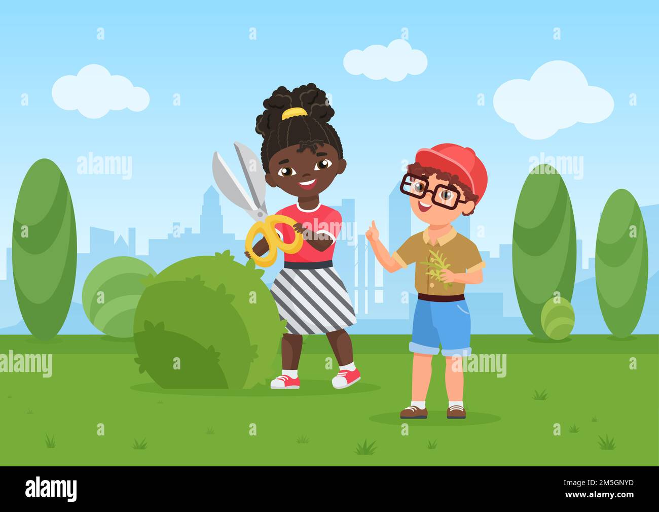 Children cut green bush, gardener kids do garden work vector