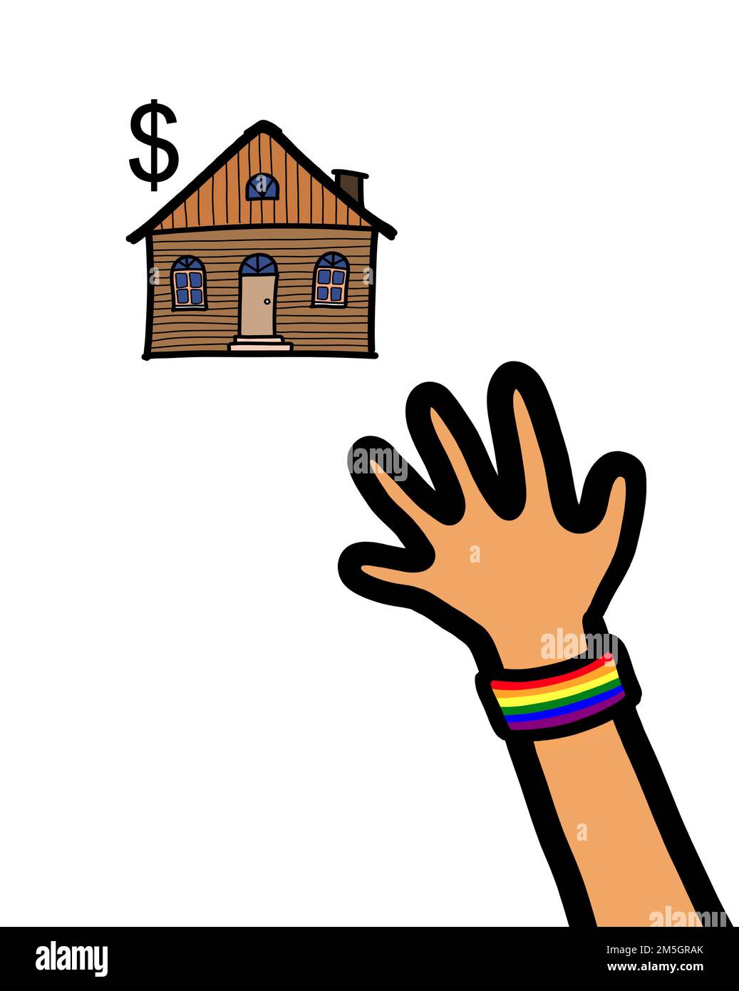 A group of people hands reaching up a house property. Affordability for housing and home ownership concept. Stock Photo