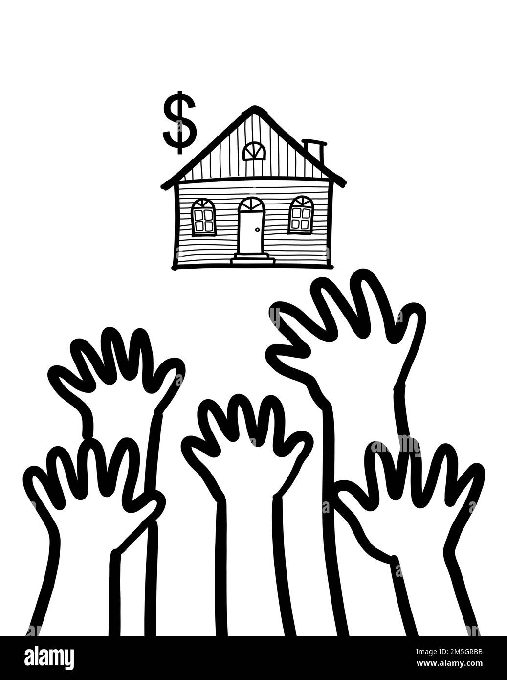 A group of people hands reaching up a house property. Affordability for housing and home ownership concept. Stock Photo