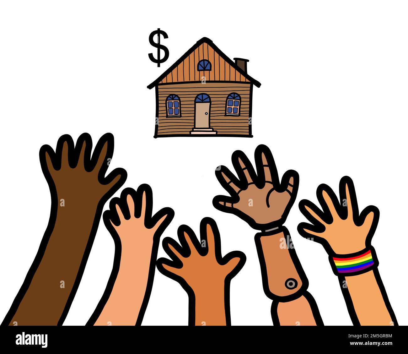 A group of people hands reaching up a house property. Affordability for