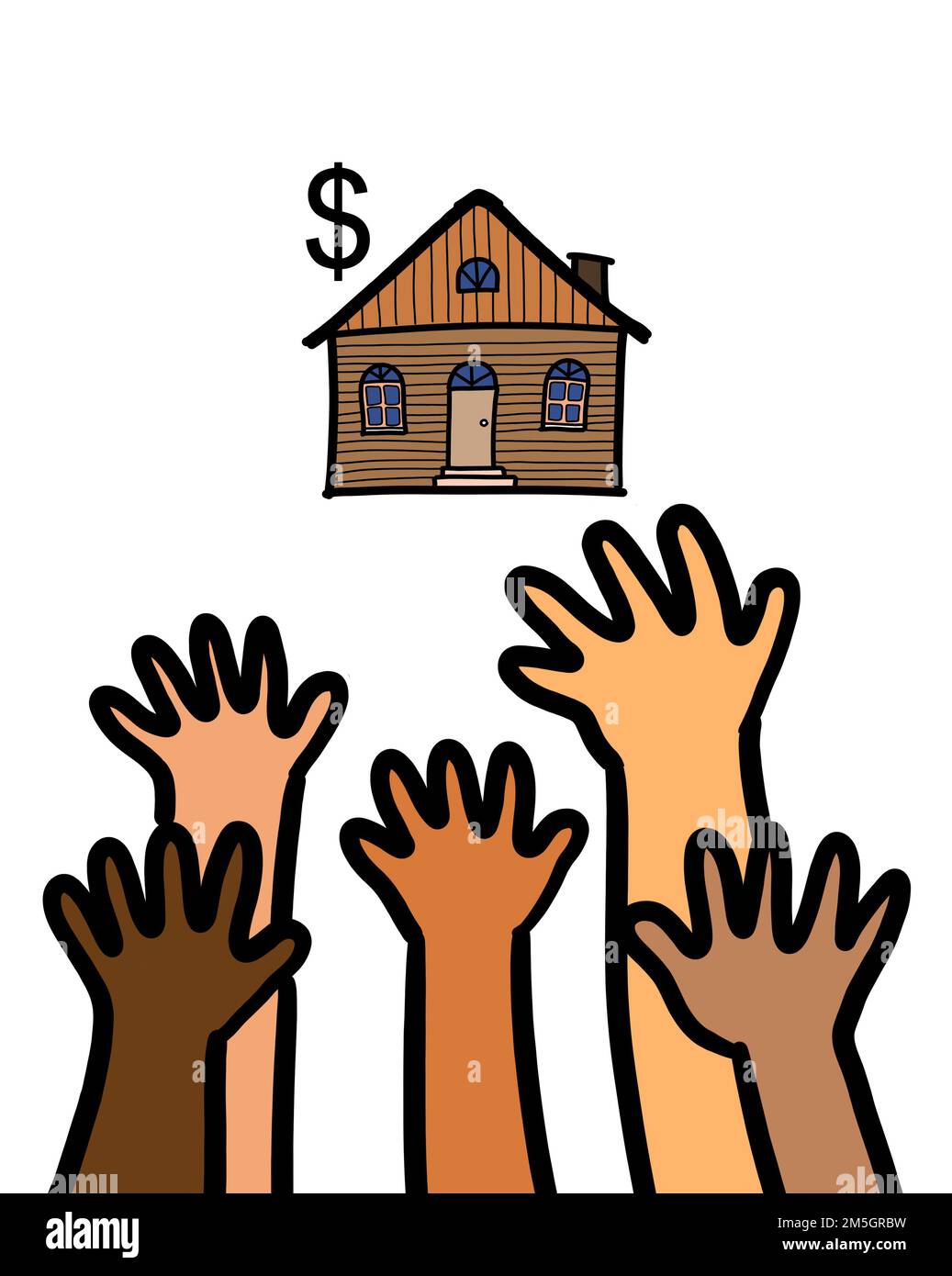 A group of people hands reaching up a house property. Affordability for