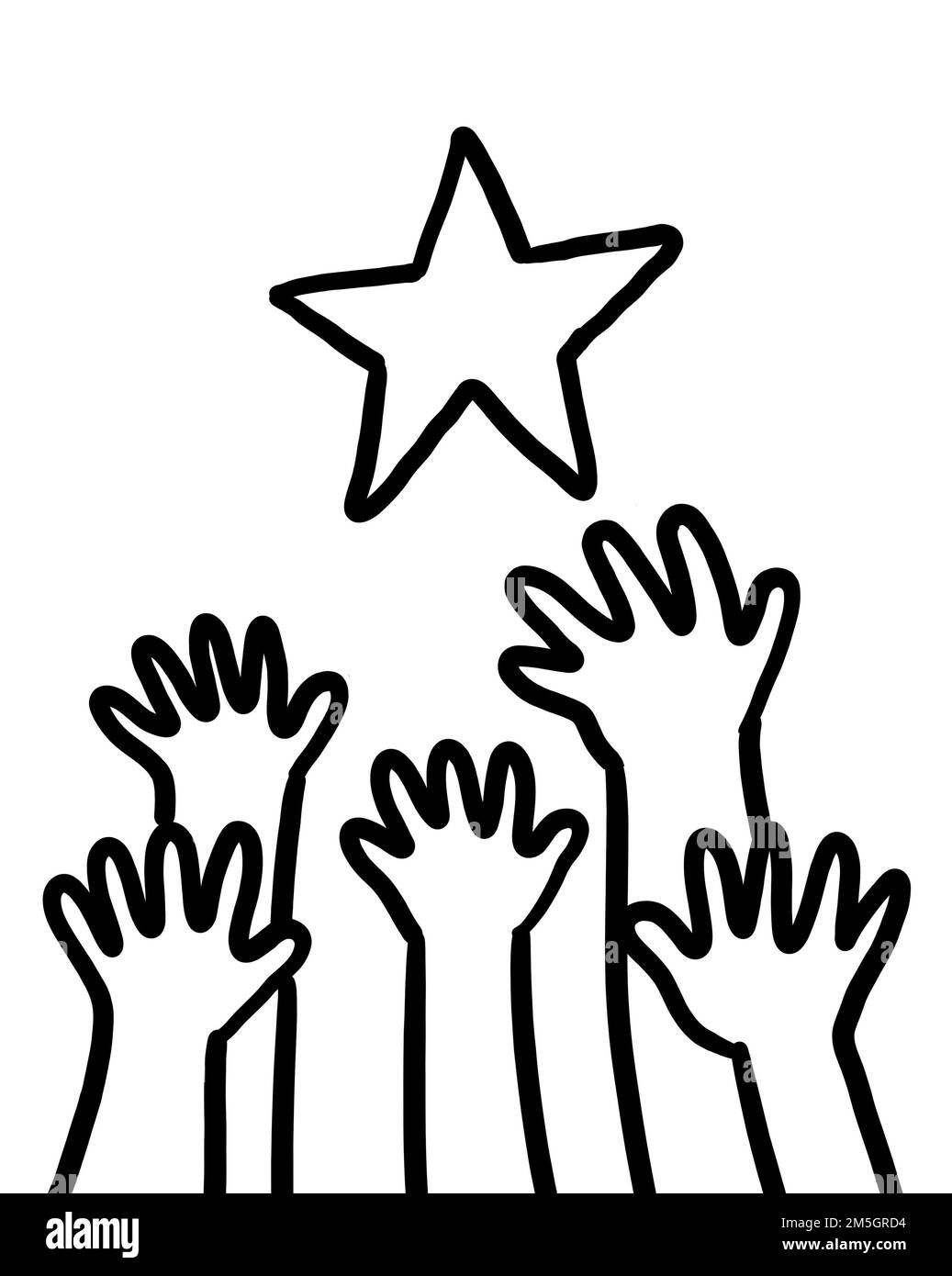 A group of hand reaching up the star. Success motivation achievement concept. Illustration black outline drawing, isolated on white background. Stock Photo