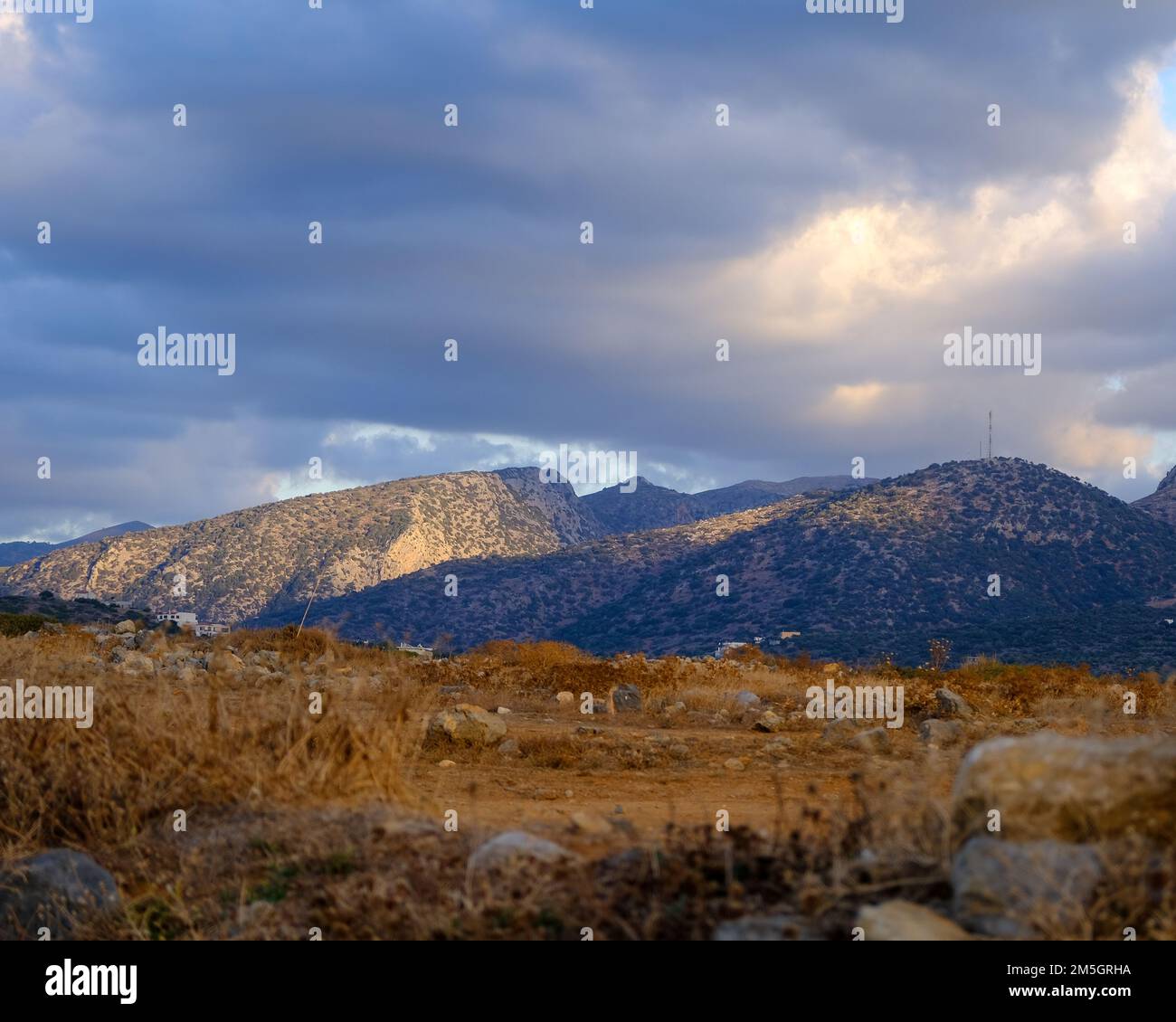 View to mountains at golden hour at Crete Stock Photo