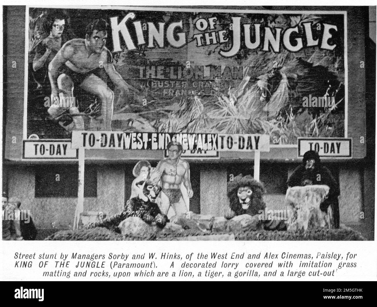 Display for the West End and Alex cinemas in Paisley, Scotland on a lorry for BUSTER CRABBE and FRANCES DEE in KING OF THE JUNGLE 1933 directors H. BRUCE HUMBERSTONE and MAX MARCIN from February 22nd edition of Kinematograph Weekly Stock Photo