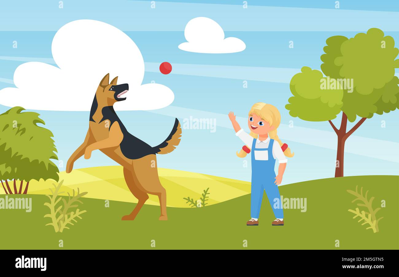 Happy girl playing fun game with dog in playground or summer nature