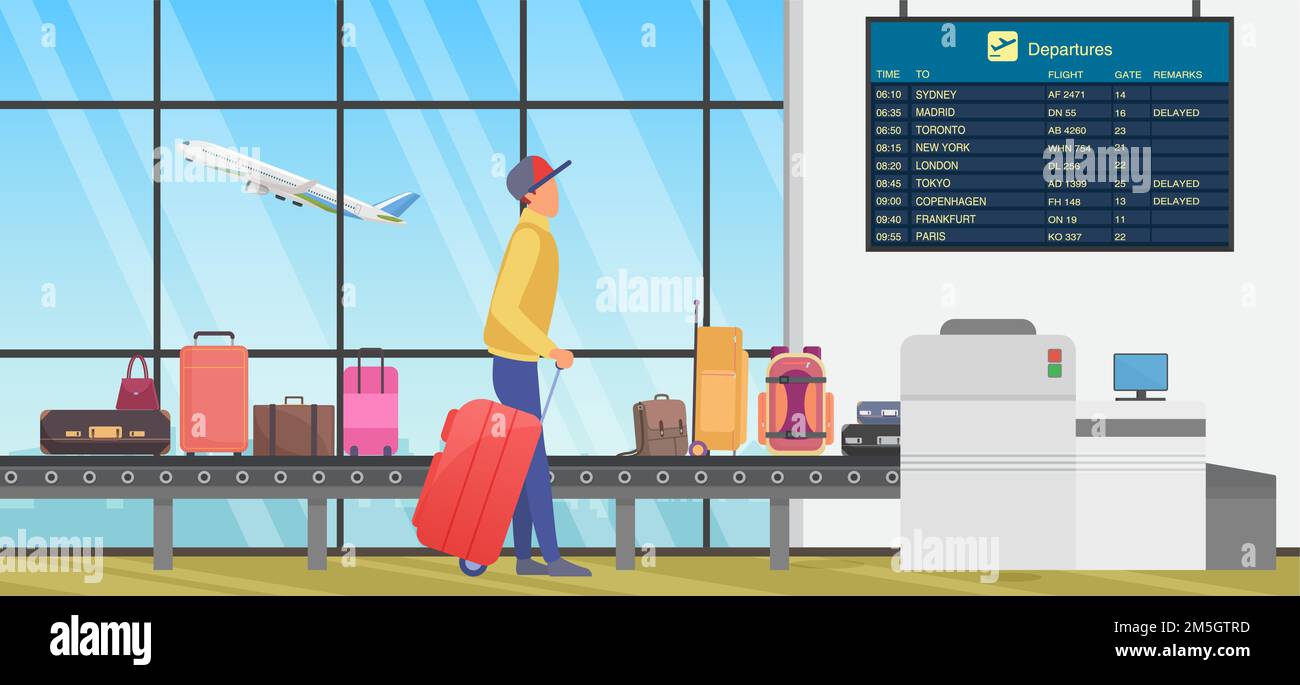 Travel transfer in international airport, airline transportation vector illustration. Cartoon person with baggage looking at flight information timeta Stock Vector