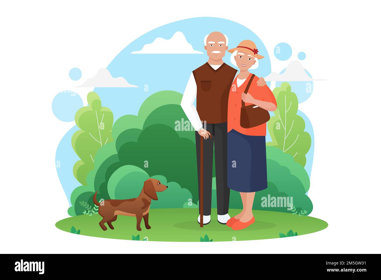 Old people senior couple walks with a small dog in the park vector illustration Stock Vector