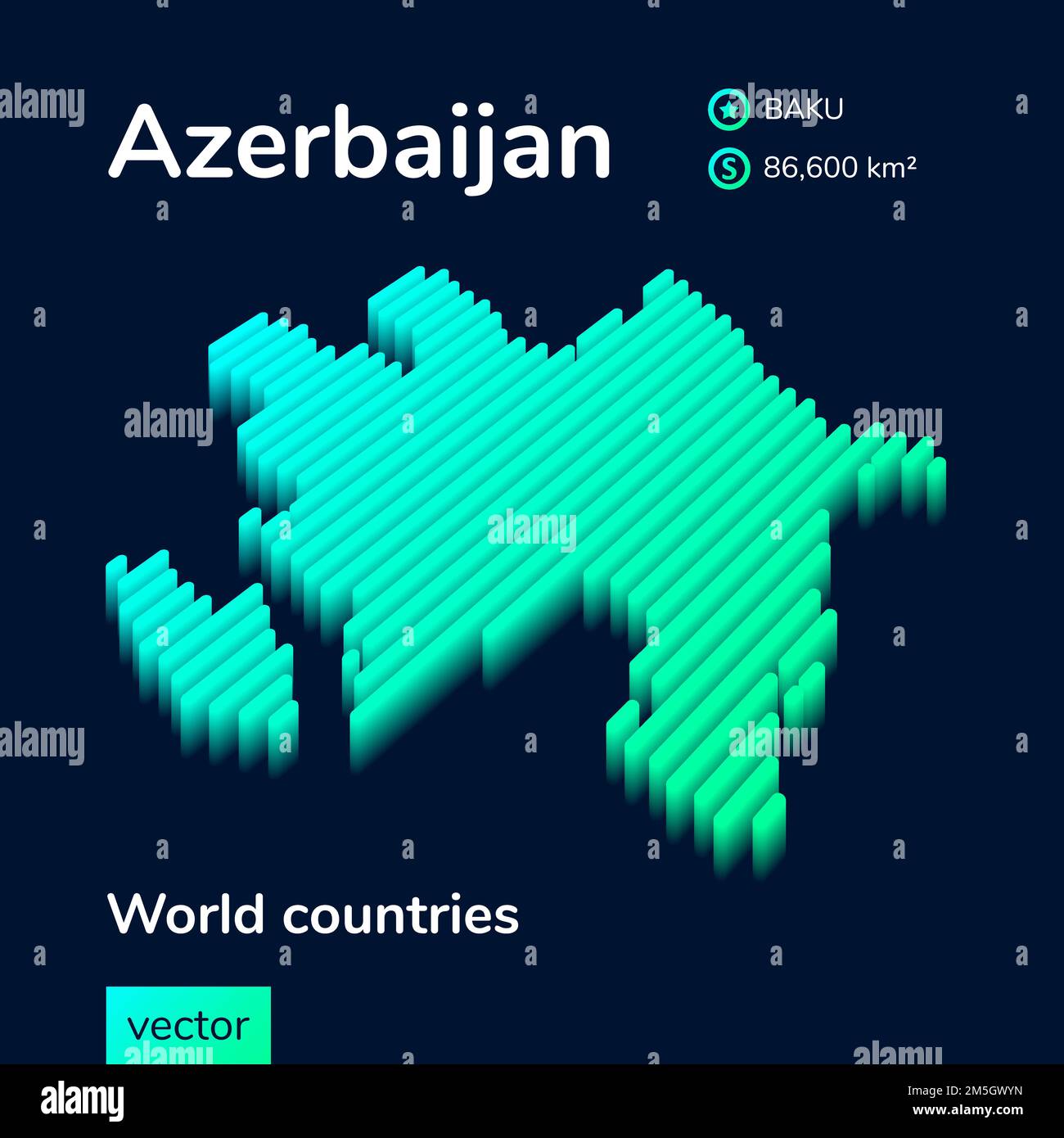 Azerbaijan 3D map. Stylized neon digital isometric striped vector Azerbaijan map is in green and mint colors on the dark blue background Stock Vector