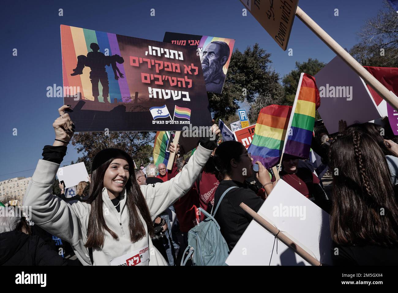 Jerusalem, Israel. 29th December, 2022. Activists assembled from around the country demonstrate outside the Knesset in Jerusalem against new Israeli government being sworn in to power inside Parliament. Benjamin Netanyahu, 73, will return to power leading what analysts describe as the most right wing, conservative and biased government in the country's history. Incoming government's coalition agreements represent a devastating blow to the cause of religious pluralism, equality in military service, laws against incitement to racism and human rights for the LGBTQ community and other minorities. Stock Photo