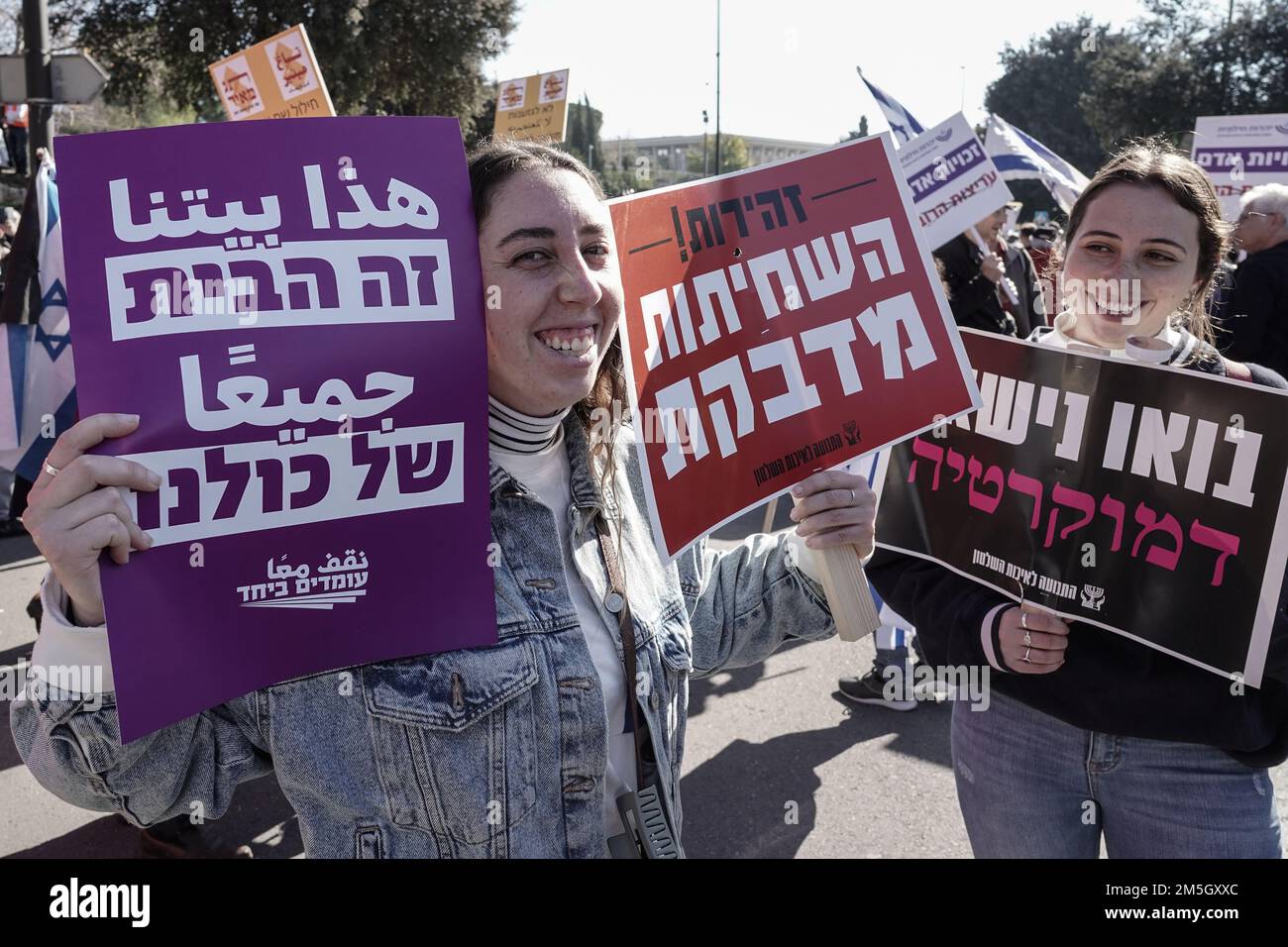 Jerusalem, Israel. 29th December, 2022. Activists assembled from around the country demonstrate outside the Knesset in Jerusalem against new Israeli government being sworn in to power inside Parliament. Benjamin Netanyahu, 73, will return to power leading what analysts describe as the most right wing, conservative and biased government in the country's history. Incoming government's coalition agreements represent a devastating blow to the cause of religious pluralism, equality in military service, laws against incitement to racism and human rights for the LGBTQ community and other minorities. Stock Photo