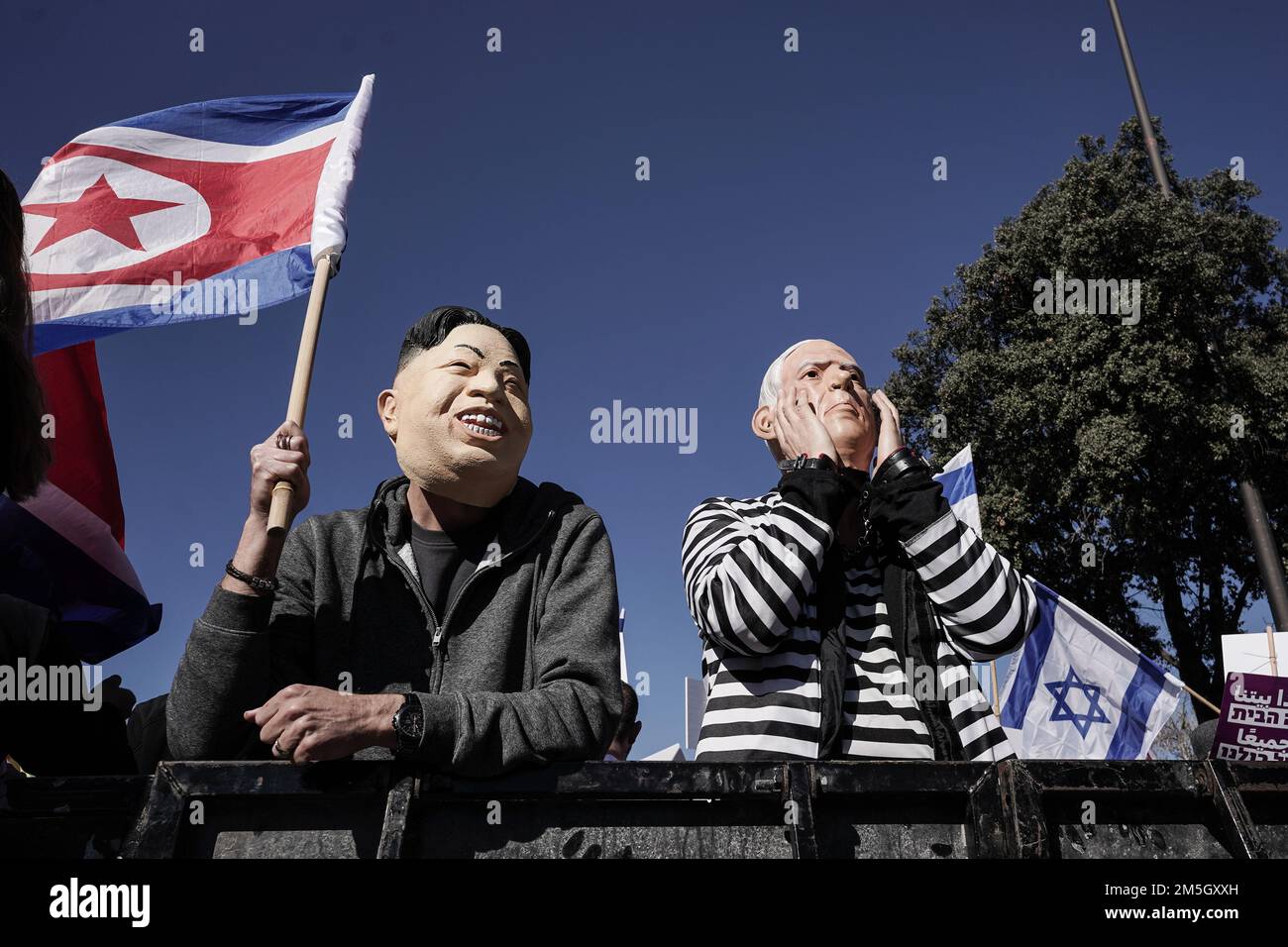 Jerusalem, Israel. 29th December, 2022. Activists assembled from around the country demonstrate outside the Knesset in Jerusalem against new Israeli government being sworn in to power inside Parliament. Benjamin Netanyahu, 73, will return to power leading what analysts describe as the most right wing, conservative and biased government in the country's history. Incoming government's coalition agreements represent a devastating blow to the cause of religious pluralism, equality in military service, laws against incitement to racism and human rights for the LGBTQ community and other minorities. Stock Photo