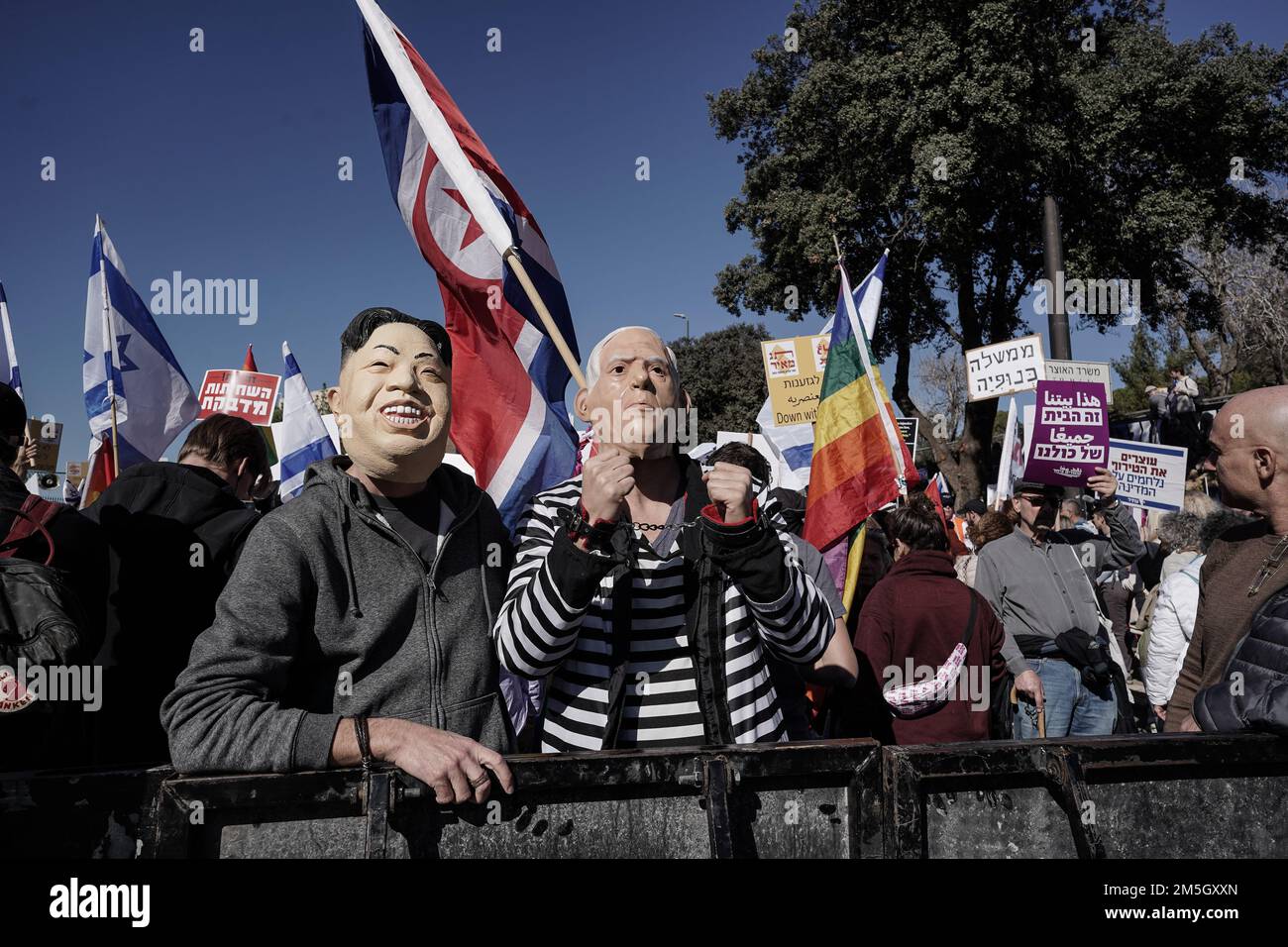 Jerusalem, Israel. 29th December, 2022. Activists assembled from around the country demonstrate outside the Knesset in Jerusalem against new Israeli government being sworn in to power inside Parliament. Benjamin Netanyahu, 73, will return to power leading what analysts describe as the most right wing, conservative and biased government in the country's history. Incoming government's coalition agreements represent a devastating blow to the cause of religious pluralism, equality in military service, laws against incitement to racism and human rights for the LGBTQ community and other minorities. Stock Photo