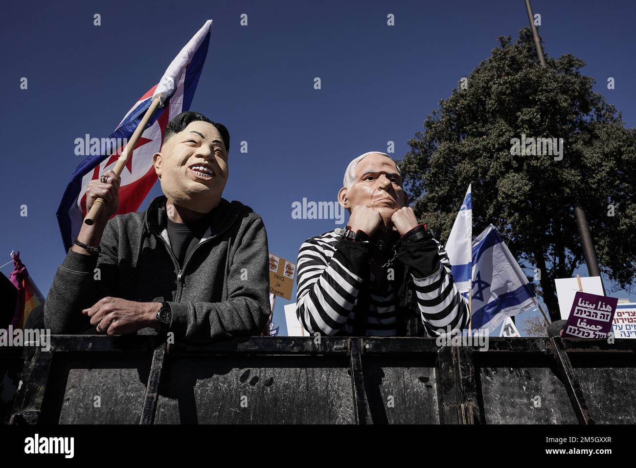 Jerusalem, Israel. 29th December, 2022. Activists assembled from around the country demonstrate outside the Knesset in Jerusalem against new Israeli government being sworn in to power inside Parliament. Benjamin Netanyahu, 73, will return to power leading what analysts describe as the most right wing, conservative and biased government in the country's history. Incoming government's coalition agreements represent a devastating blow to the cause of religious pluralism, equality in military service, laws against incitement to racism and human rights for the LGBTQ community and other minorities. Stock Photo