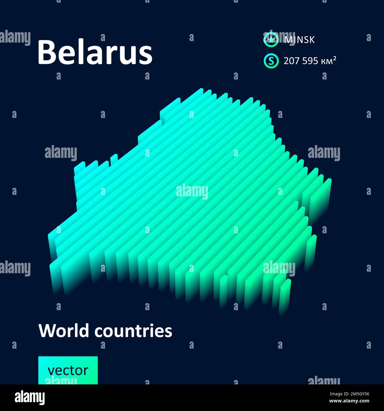 Belarus 3D map. Stylized striped neon digital isometric vector Map of Belarus is in green and mint colors on the dark blue background Stock Vector