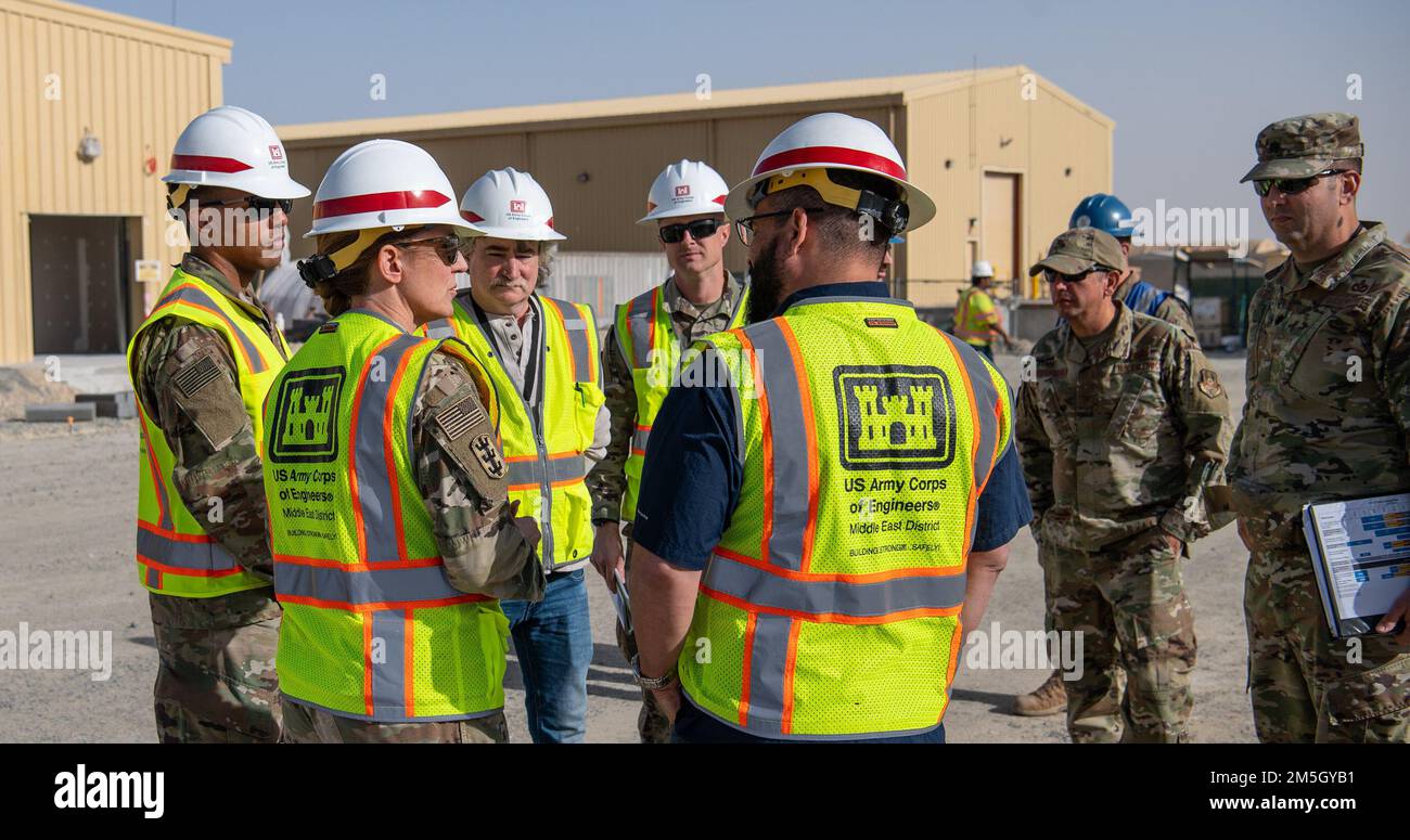 Maj. Gen. Kimberly Colloton, commanding general of U.S. Army Corps of Engineers Transatlantic Division, along with 386th Air Expeditionary Wing leadership and Middle East District project managers and engineers, tour ongoing renovations at the wing's primary dining facility, at Ali Al Salem Air Base, Kuwait, Mar. 17, 2022. Colloton is in Kuwait to attend a Biannual Project Financial Management Review between U.S. and Kuwaiti officials, and to meet with Army Corps of Engineer stakeholders and customers in the Middle East. The 386th Air Expeditionary Wing is an important USACE customer as it man Stock Photo