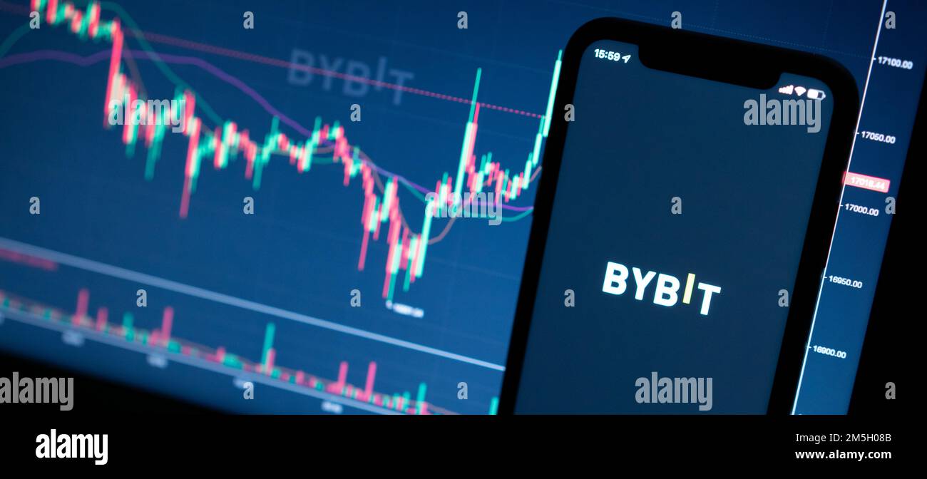 Bybit mobile app crypto exchange on mobile phone screen against blurred  cryptocurrency chart Stock Photo - Alamy