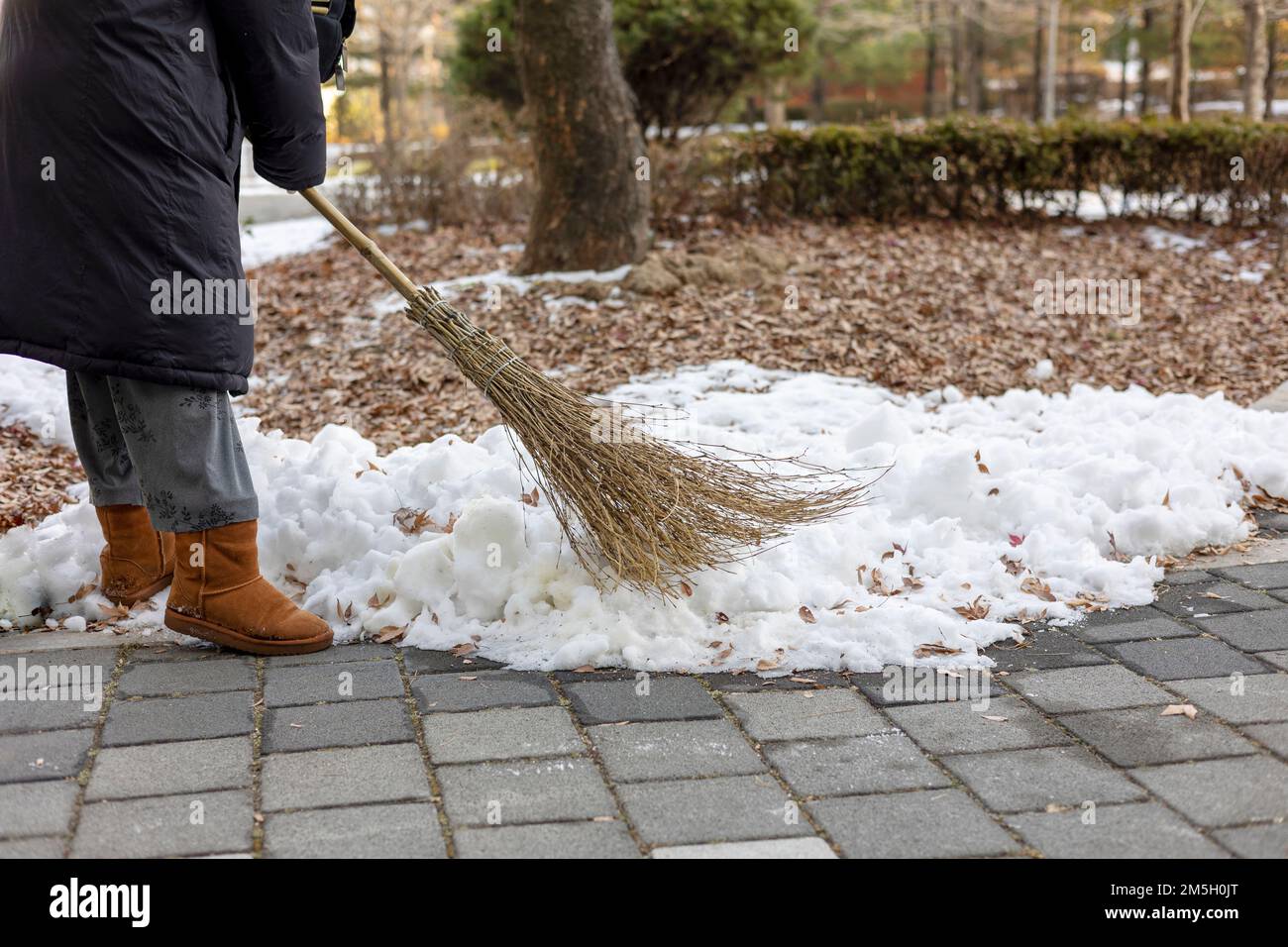 Woman is sweeping snow with a broom in winter Stock Photo