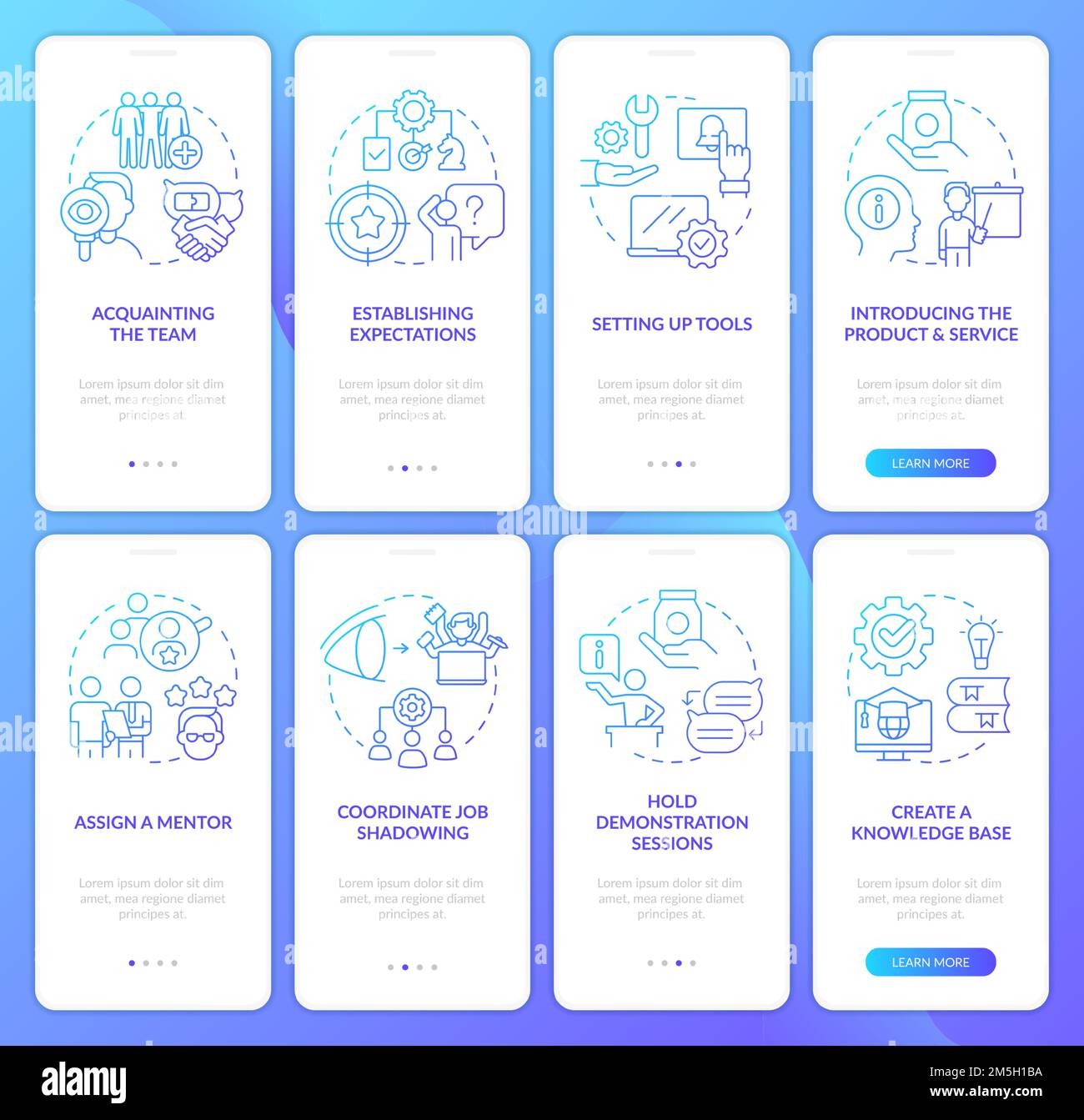 Employees trainings blue gradient onboarding mobile app screens set Stock Vector