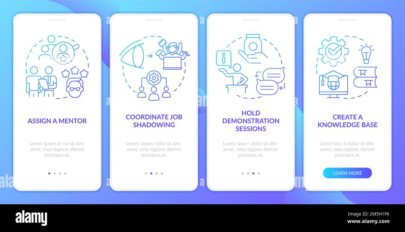 Feature and application training blue gradient onboarding mobile app screen Stock Vector