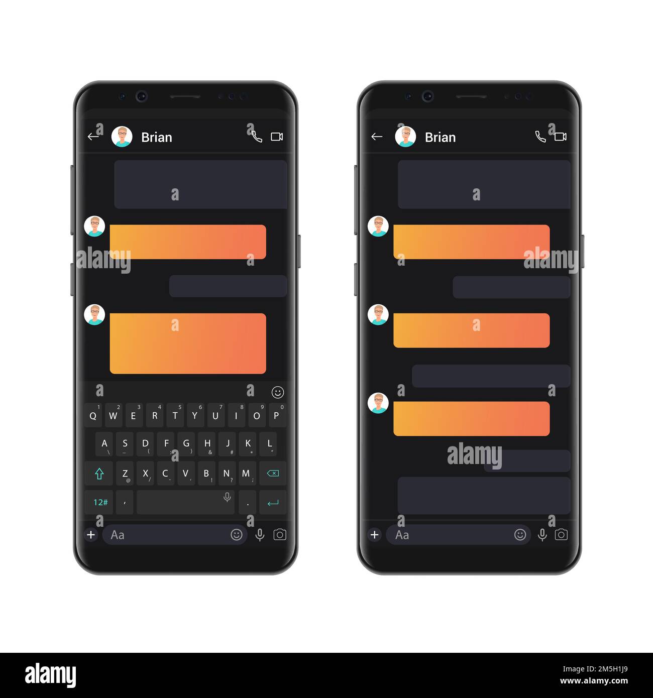 Smartphone dark style chatting template with empty chat bubbles. Vector sms chat mockup dialogues composer Stock Vector