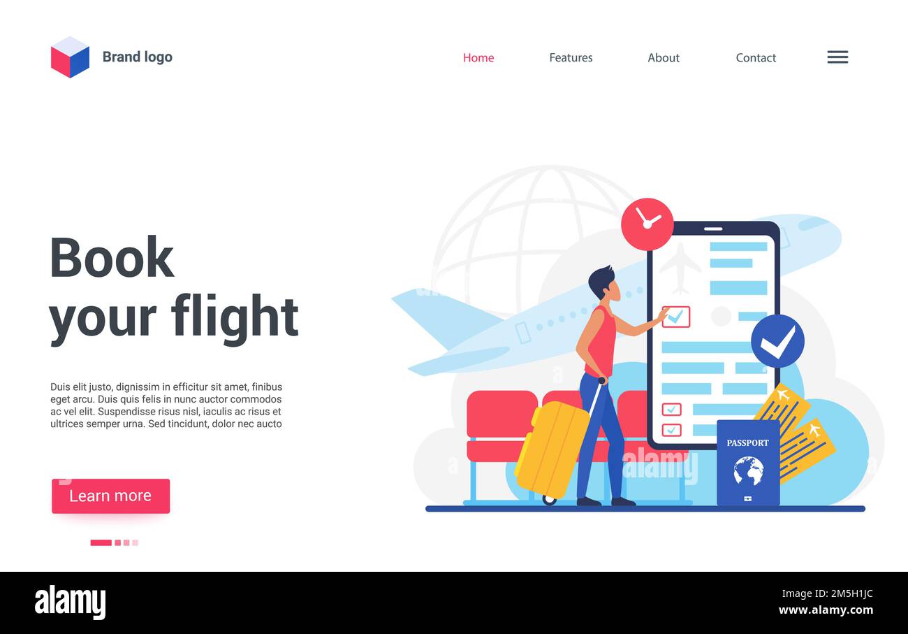 Landing page website design, cartoon traveler character booking online airplane tickets, using mobile smartphone app for registration. Travel business Stock Vector