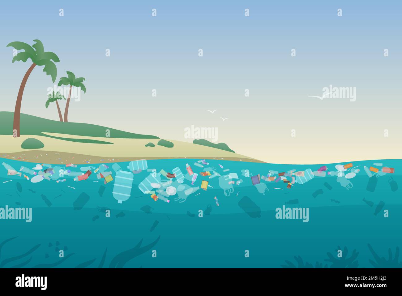 Sea garbage in polluted water, dirty ocean beach with trash plastic on sand and under water surface Stock Vector