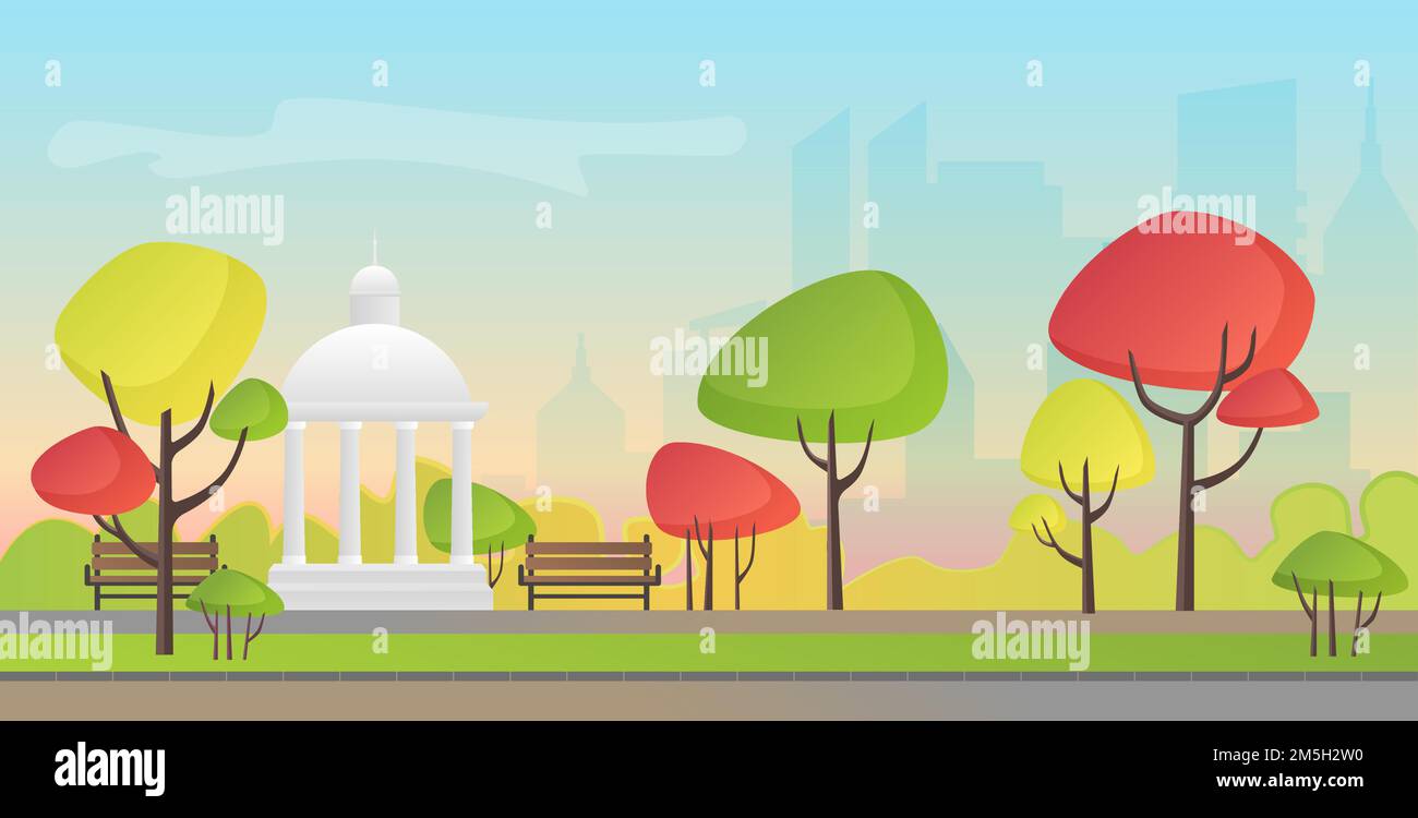 Vector illustration of a beautiful autumn city park with town building ...