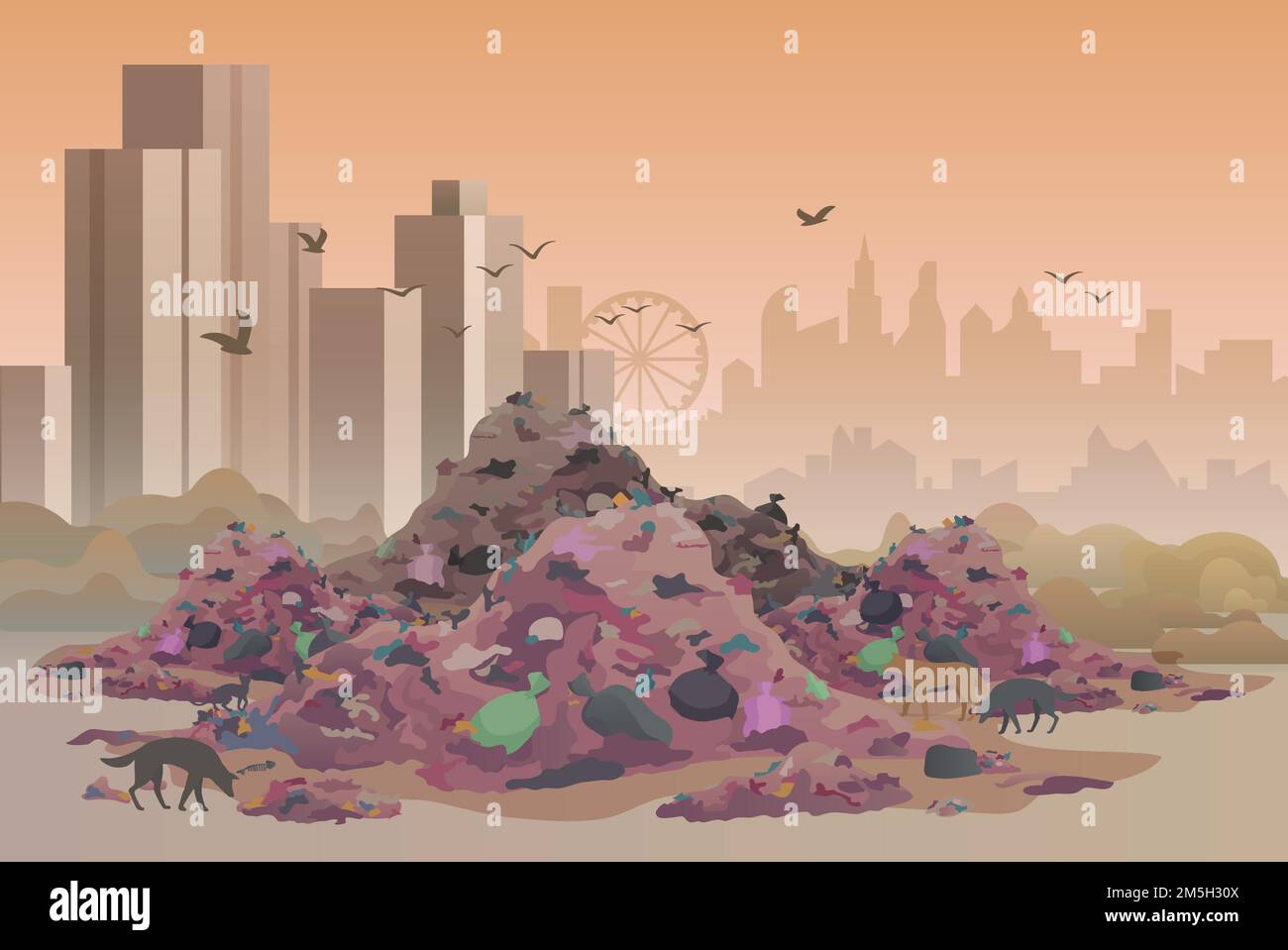 City landfill, polluted area, garbage dump, junkyard, wasteland. Environment pollution concept Stock Vector